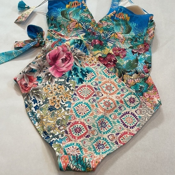 Johnny Was Mixi One Piece Swimsuit Wrap Style In Multi new with tags floral aqua - Picture 7 of 9